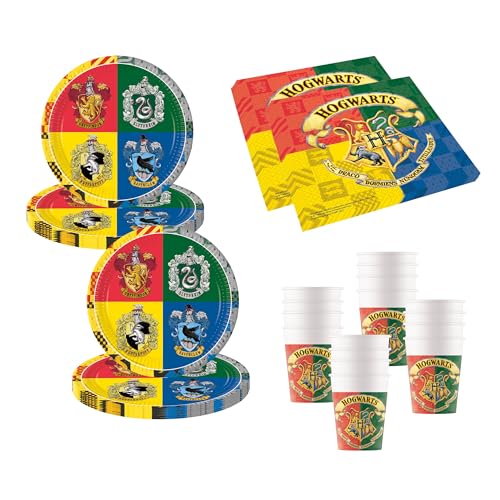 Procos 10137422 – Service de fête S Harry Potter – Poudlard – 52 pièces – 16 assiettes, 16 gobelets, 20 serviettes, vaisselle jetable, vaisselle de...