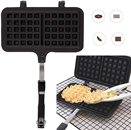 Waffelpfanne mit Bakelitgriff, Waffeleisen Gusseisen, leicht zu reinigen, Waffelmaschinen Haushalt für Gasherd, schwarz