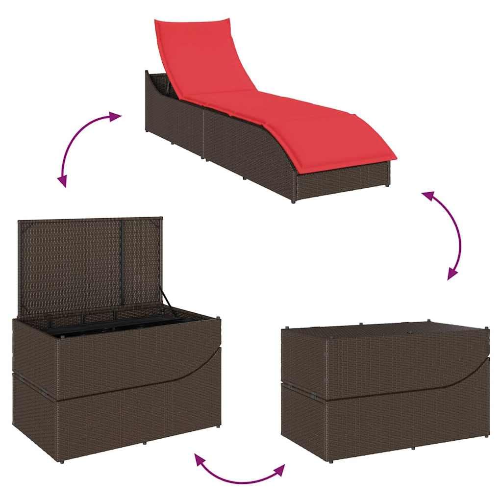 vidaXL Klappliege mit Auflage und Stauraum Braun Poly-Rattan