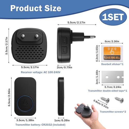 Funkklingel,Kabellose Türklingel,300m Funkreichweite Wasserdicht Elektronischer Türklingel Haustürklingel Empfängern,5 Lautstärkestufen (0-110dB),60 Melodien,Empfänger Einfach in die Steckdose