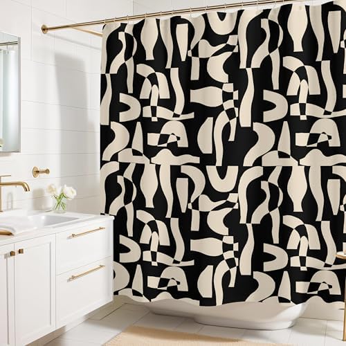 Modern Black and Ivory Geometric Pattern Print Shower Curtain - A...
