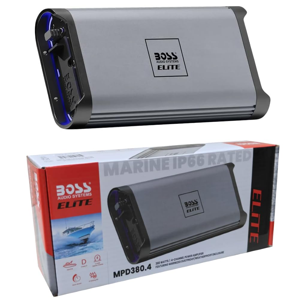 Kit Set POUR Boss Audio Systems MPD380.4, 1 Amplificador Marino, 4 Canales, 380 vatios máx., Full-Range, Clase D, con Bass Boost + Cables de instalación