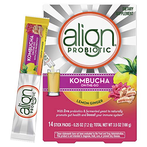 Align Probiotic, Kombucha On-the-Go, Live Probiotics with Fermented Yeast to promote gut health and boost immunity, Lemon Ginger Flavor, 14 Stick Packs