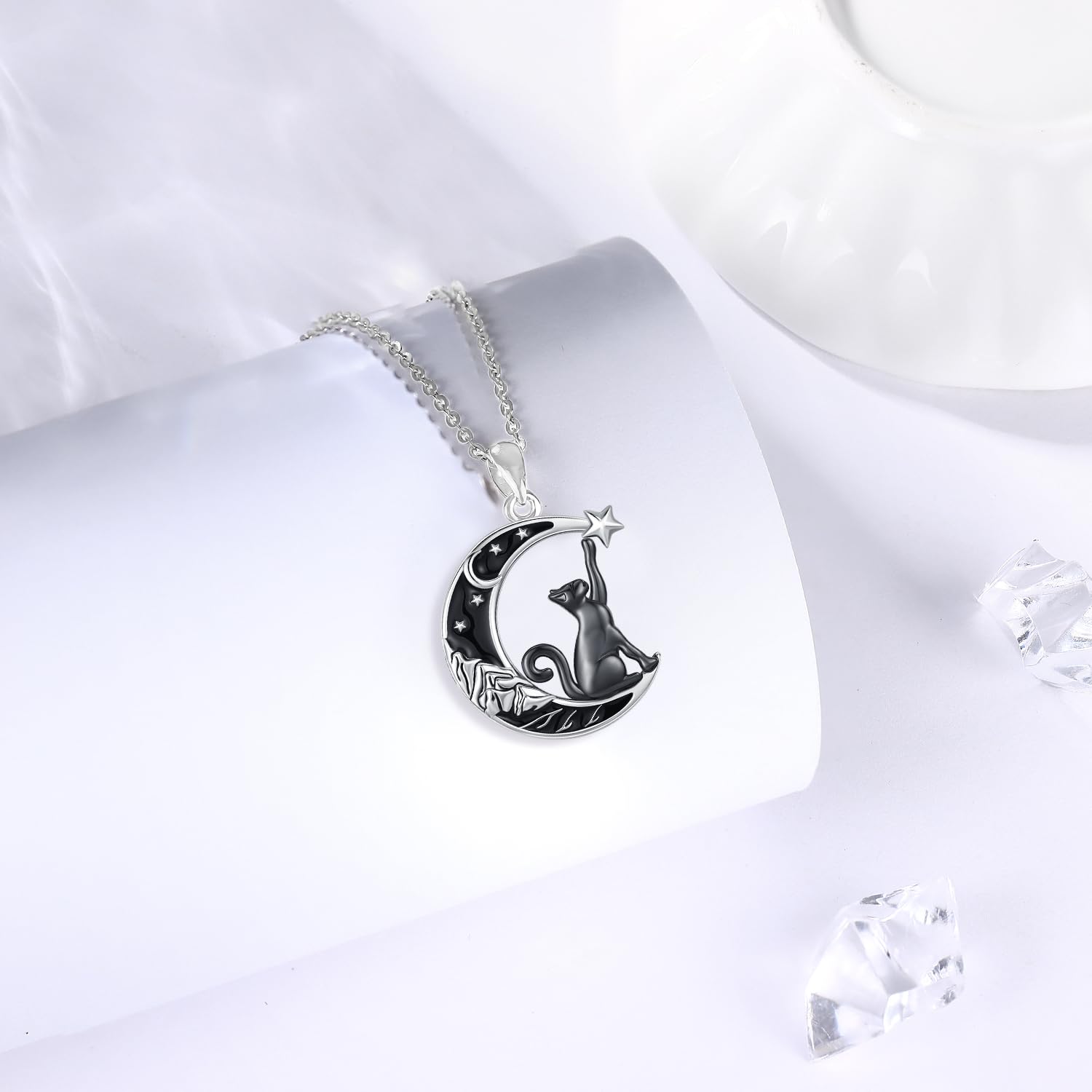 Collana Gatto Donna Argento 925 con Pietra di Luna, Ciondolo Gatto Luna, Gioielli di Animali per Donne Ragazze Amanti dei Gatti