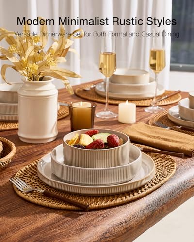 Image of Famiware Star 12-Piece Stoneware Dinnerware Set for 4 - Dinner Plates, Pasta Bowls, Cereal Bowls, Dishes for Everyday & Formal Use, Chip /Scratch Resistant, Microwave /Dishwasher Safe, Cappuccino White