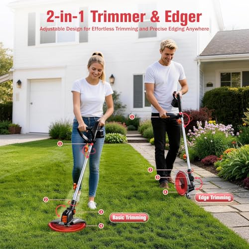 Electric Weed Wacker String Trimmer:2 x 4.0Ah Batteries Cordless Weed Eater 21V Battery Powered with 12\" Cutting Width, Eco Friendly Grass Cutter Edger Lawn Tool with Fast Charger