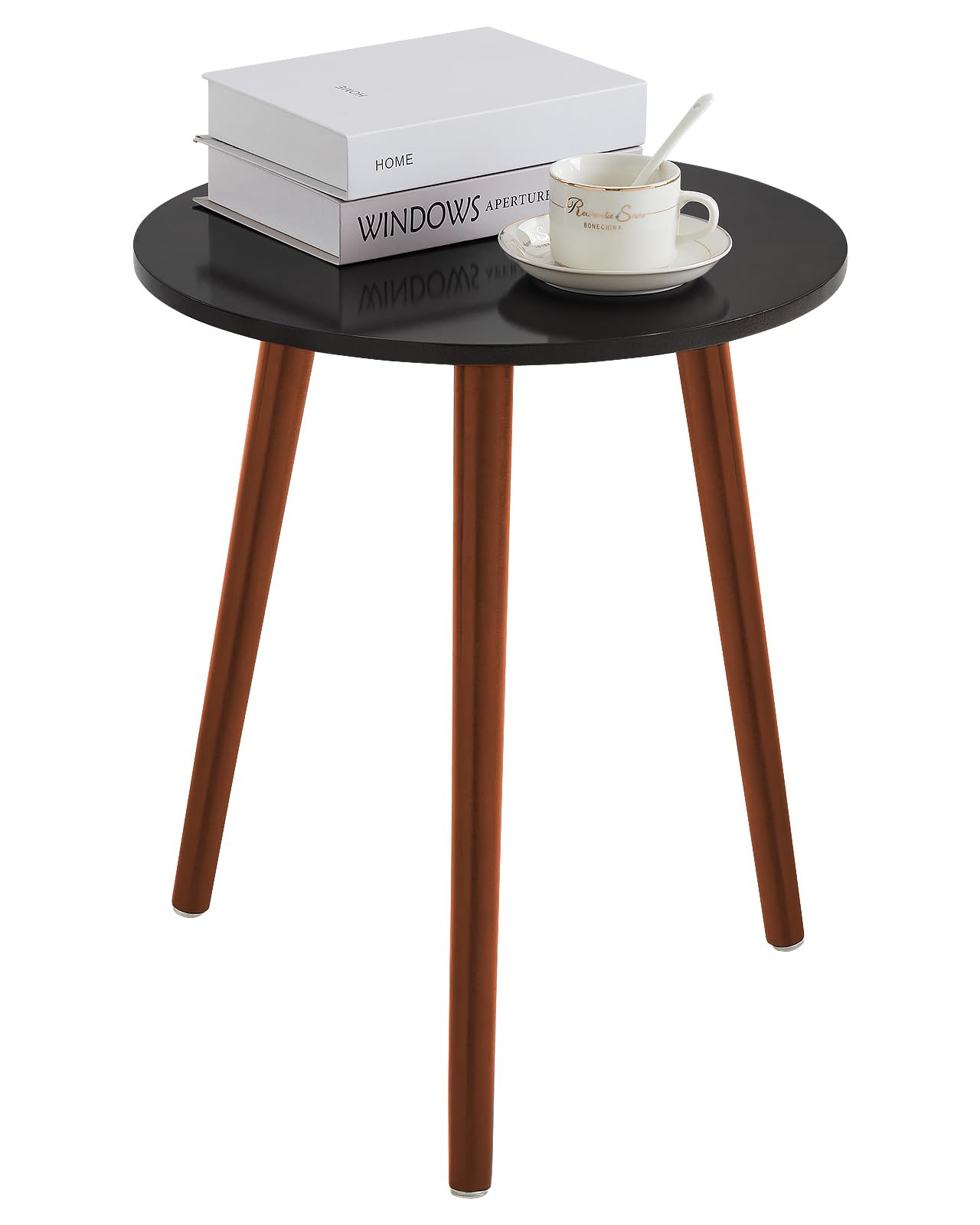 Apicizon Brown Round Side Table, End Table Bedside Table for Small Spaces, Simple Nightstand Coffee Tables with Brown Wood Legs, 16.5 x 20.5 Inches, Black & Brown