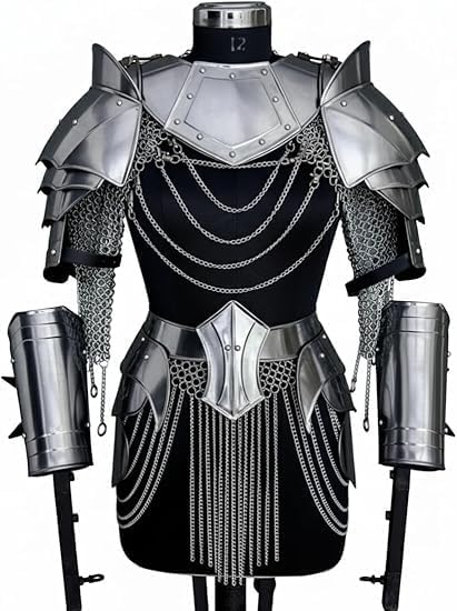 Medieval Lady Armor Gorget with Pauldrons – Gothic Steel Shoulder & Vambraces Armor Costume Set with Chainmail Accents for LARP, Cosplay, Reenactment & Display