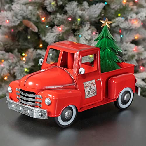 Image of Zaer Ltd. Metal 18.5 inch Long Multi-Seasonal Christmas and Harvest Pickup Truck with Metal Tree, Pumpkins, and Matching Side-Magnet Sets (Glossy Red)