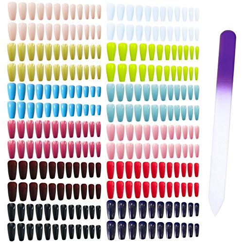Umillars 12 Colors Glossy False Nail Blue Long Ballerina Press On Nail Full Cover Fake Nails Fingernails Nail Tips Kit with One Crystal Nail File for Nail Art Salon DIY Decoration (Glossy-12)