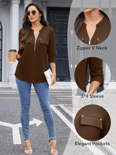 Image of Bulotus 3 /4 Length Sleeve Womens Striped Tops Zipper V Neck Collared Blouses Business Casual Tunics 2026 Spring Trendy