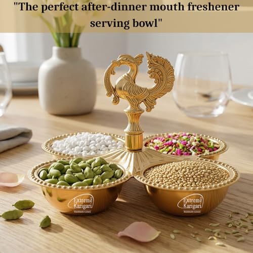 Image of Brass Kankavati Haldi Kumkum Container | Traditional Pooja Sindoor, Chawal Holder | Peacock Design 4 Bowl Pooja Accessory for Festivals, Gifting & Home Mandir (Brass Polished, Large)