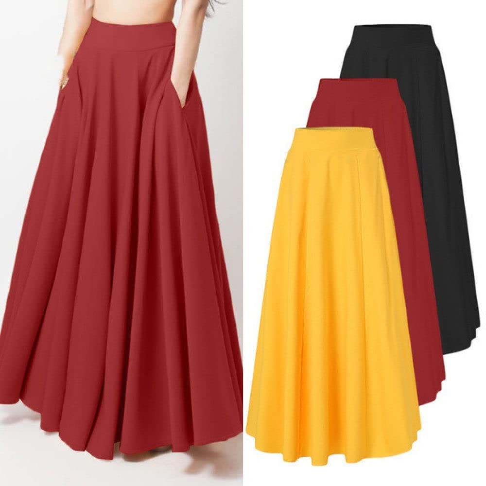 Gonne,Gonna Lunga da Donna Gonna A Pieghe A Vita Alta Rosso Bordeaux con Tasche Altalena A-Line Increspato Plus Size Semplice Casual Gonne Lunghe per Ragazze Signore,S