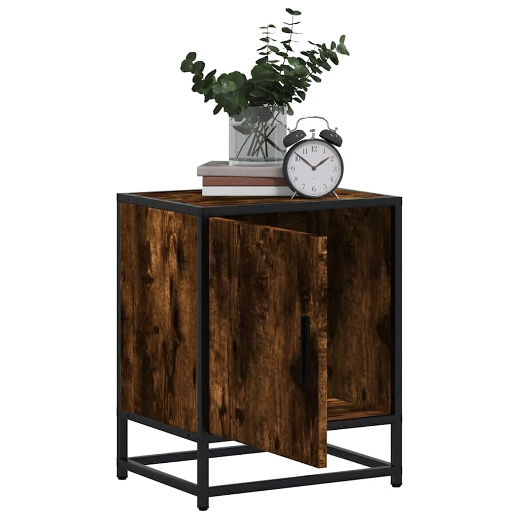 Fengshui Nachttisch Räuchereiche 40x31x50 cm Holzwerkstoff Metall | Stabile Oberplatte, praktische Tür, reichlich Stauraum, inklusive Wandhalterung