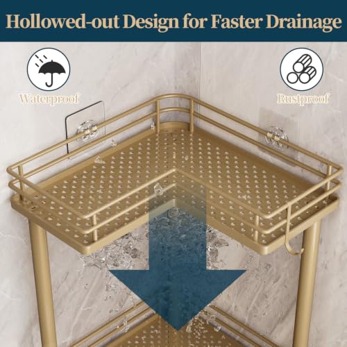 Image of Consumest Corner Shower Caddy Standing - 3-Tier Stainless Steel Shower Organizer with Soap Holder and 4 Hooks, Large Capacity Corner Shelf Stand for Bathroom, Rest Room, Gold