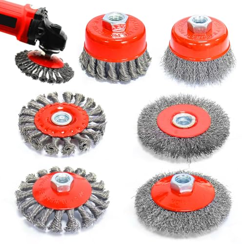 6 peças de escova de arame para rebarbadora, acessórios para rebarbadora, diâmetro 75 mm e 100 mm, com modelos M14 para furadeira polido, lixagem, remoção de ferrugem, rebarbação