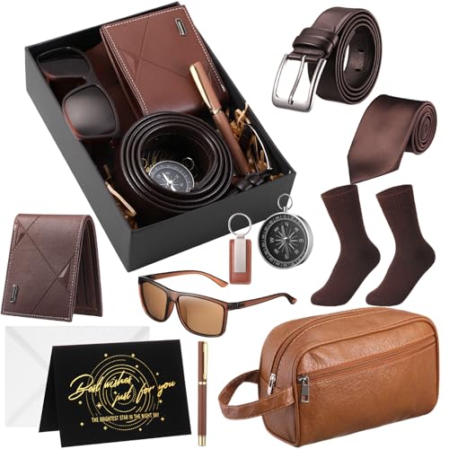 Geyoga 12 Pcs Men Birthdays Gift Set with Box for Men Dad Basket PU Leather Wallet Leather Toiletry Bag Tie Socks Belt Keychain Sunglasses Pen Compass Set for Father's Day