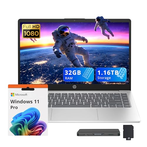 Image of HP 14 inch FHD Anti-Glare Laptop, Intel i5-1334U, 32GB RAM, 1.16TB Storage (1TB SSD+160GB Docking Station Set), Intel Iris Xe Graphics, Full Size Keyboard, Wi-Fi 6, 720p HD Camera, Win 11 Pro, Silver