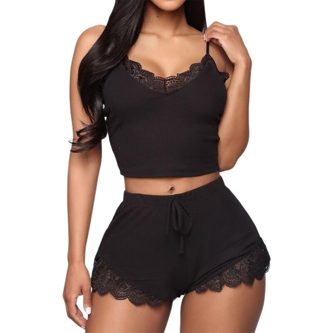 Lace PJ Set - Women's Sexy Top and Shorts with Pockets, Drawstring, V-Neck Sleeveless Sleepwear