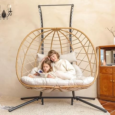 SWITTE Double Egg Swing Chair with Stand, 2 Person Outdoor Indoor Hammock Hanging Chair with Cushion for Patio Living Room 550 LBS Capacity-Cream Cover