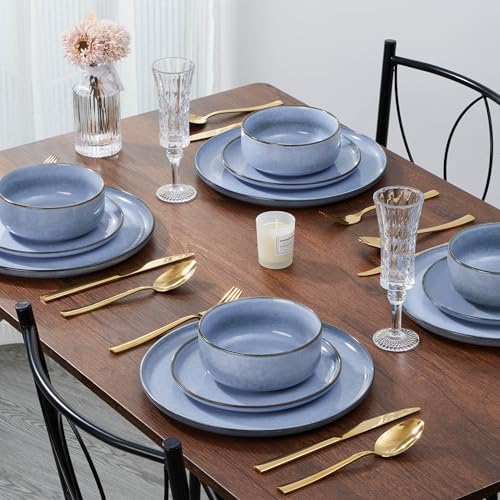 Image of E-far 8 inch Ceramic Salad Plates Set of 6, Reactive Glaze Stoneware Dishes, Round Dessert Plate for Home Kitchen Restaurant, Microwave & Dishwasher Safe - Ocean Blue