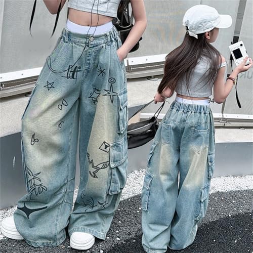 Girl's High Waisted Cargo Jeans Straight Wide Leg Stretch Baggy Jean Y2K Casual Loose Denim Pants Trousers 3-14 Years3