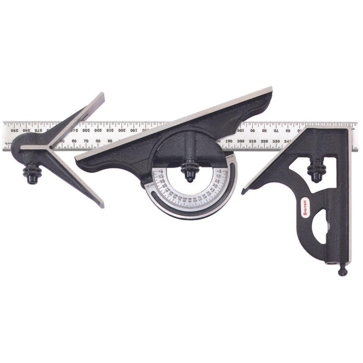 Starrett C435M-300 Cast Iron Square, Center and Reversible Protractor Heads with Satin Chrome Blade Combination Set, Black Wrinkle Finish, 300mm Size