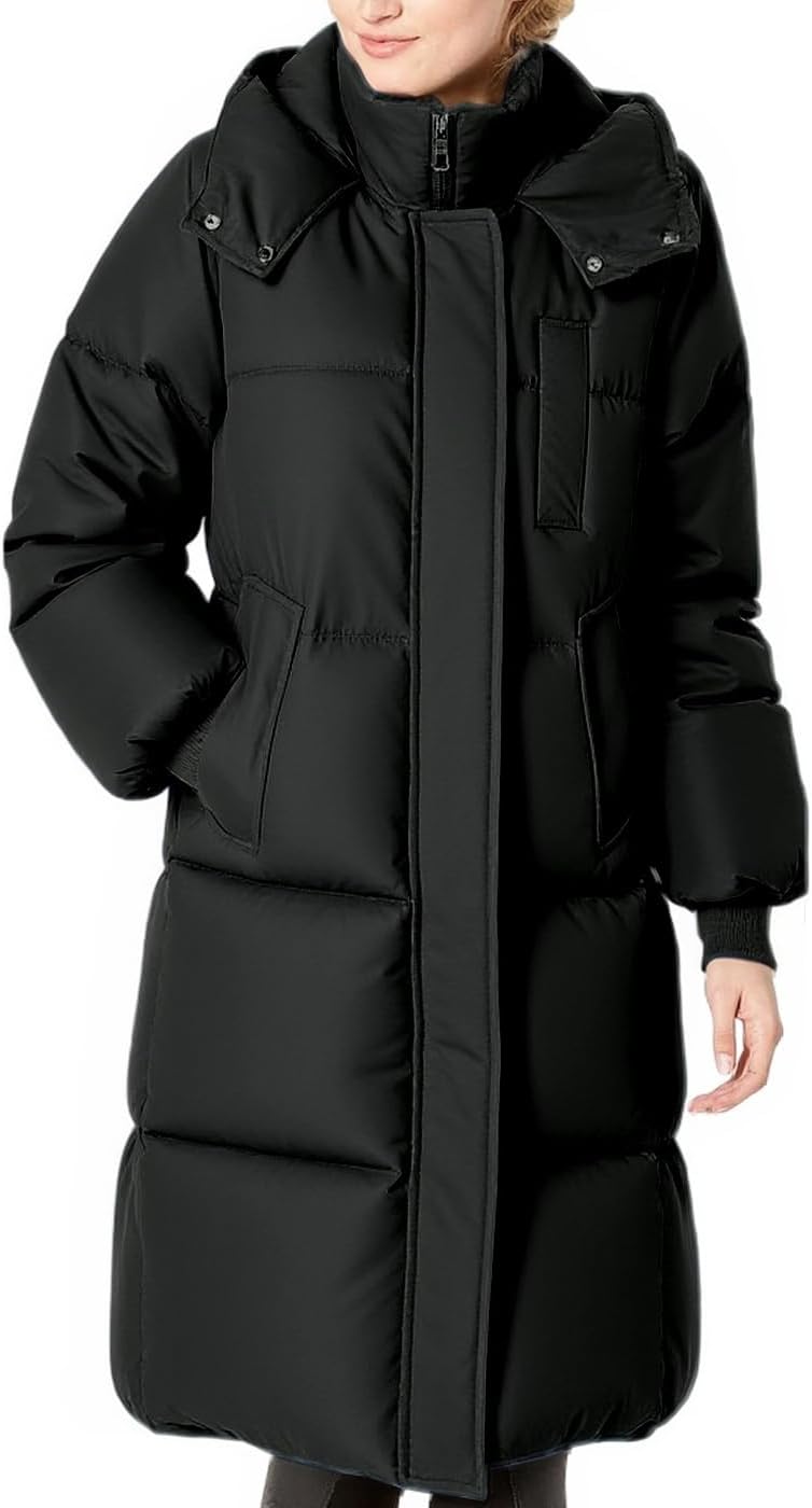Long Puffer Jacket for Women Hooded Quilted Jacket Padded Warm Winter Thick Coat with Pockets