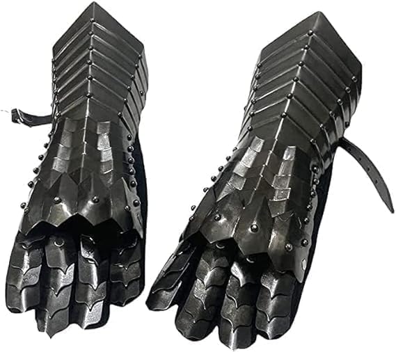 Medieval Knight Black Steel Gauntlets, 18 Gauge Iron Construction, 15 Inch Articulated Armor Gloves with Leather Straps, Costume Weapons and Armor