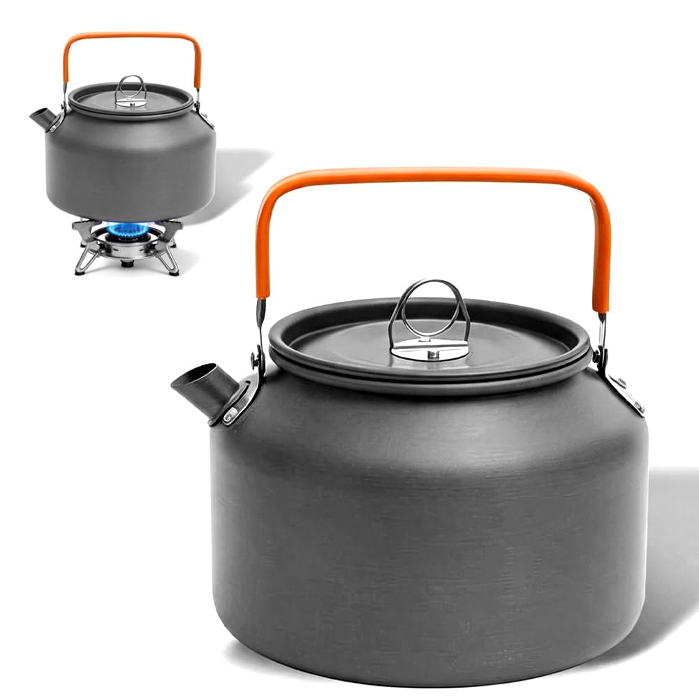 CEWROM Czajnik kempingowy 1,8 l, ultralekki aluminiowy czajnik do herbaty z torbą do przenoszenia i uchwytem zapobiegającym nagrzewaniu, szybkie podgrzewanie gorącej wody, dla 1-2 osób, na wędrówki