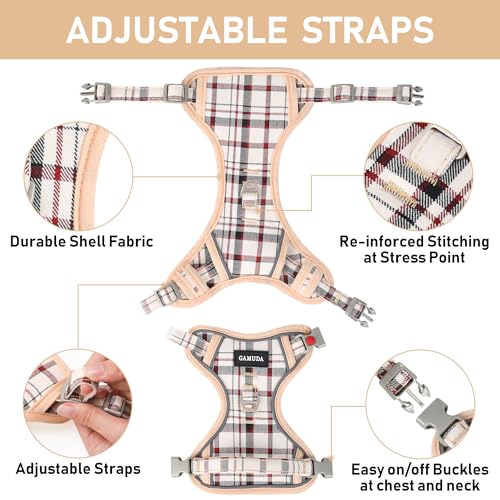 GAMUDA Dog Harness Collar and Leash Set, Dog Harness, No Chock No Pull Adjustable Vest Harnesses Plaid Reflective for Medium Dog, Cat, Small Horse, Small Bull and Pig (Beige, S)