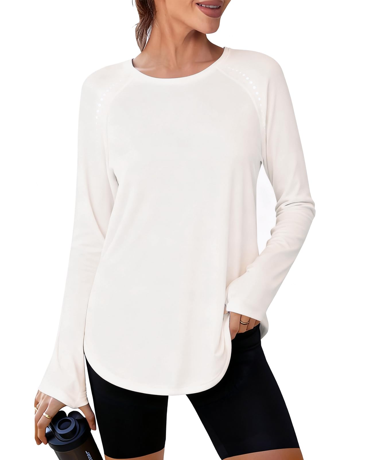 Crewhpo Sportshirt Damen Langarmshirt Sport Oberteil Rundhals Langarm T-Shirt Funktionsshirt UPF 50+ Laufshirt Leicht Atmungsaktiv Fitness Gym Yoga Top mit Daumenloch