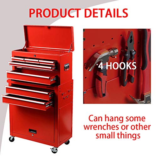 INTERGREAT Rolling Tools Chest with Drawers Tools Storage Chest for Garage Toolbox Chest on Wheels 8-Drawer Tool Storage Cabinet Steel Red