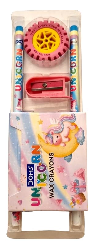 Image of Doms Unicorn Junior Kit | Combination of 4 Various Stationery Items: Pencil, Eraser, Pencil Sharpener, Wax Crayons | School Essentials for Kids | Official Merchandise