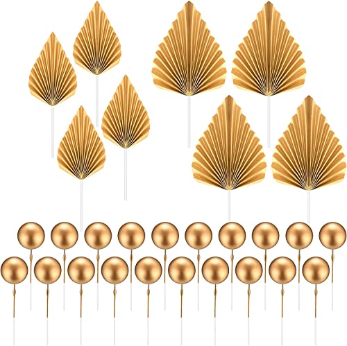 Siyurongg - 20 Pcs Gold Balls Cake Toppers, 8 Pcs Gold Palm Leaves Cake Decorations, Foam Balls Paper Palm Leaf Cake Insert Toppers Decorations for Birthday Wedding Baby Shower Party Decorations - -14%
