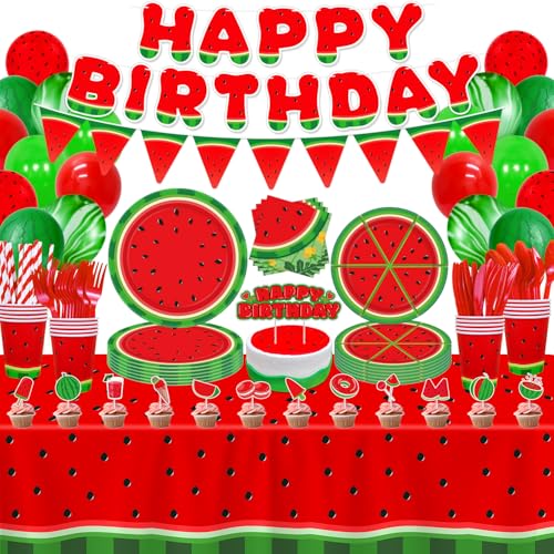 LKITMIUT 224 Pack Watermelon Party Supplies Watermelon Theme Decor One In A Melon Party Decorations Fruit Tableware Set - Cartoon Melon Plates Balloons Banners Tablecloth Napkins Serves 20