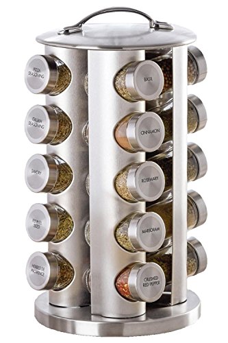 Kamenstein 20 Jar Stainless Steel Revolving Spice Tower - Filled with 20 Premium Spices Plus Free Spice Refills for 5 Years