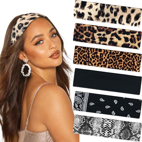 Tumurup Bandeau Cheveux Femme - Lot de 6 Bandeaux Mode pour Femmes Sport, Antidérapants Cheveux Serre Tete Femme Élastique Imprimé Léopard Headband pour...