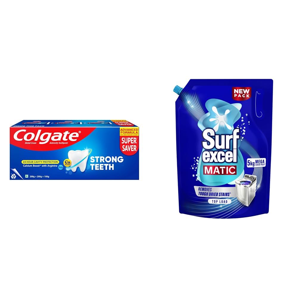 Colgate Strong Teeth, 500g (200g + 200g + 100g), Calcium-boost Tooth Paste for 2X Stronger Teeth, Protects Enamel, Whitens Teeth, Fresh Breath & Prevents Cavities (Combo Multipack) & Surf Excel Matic-image-49