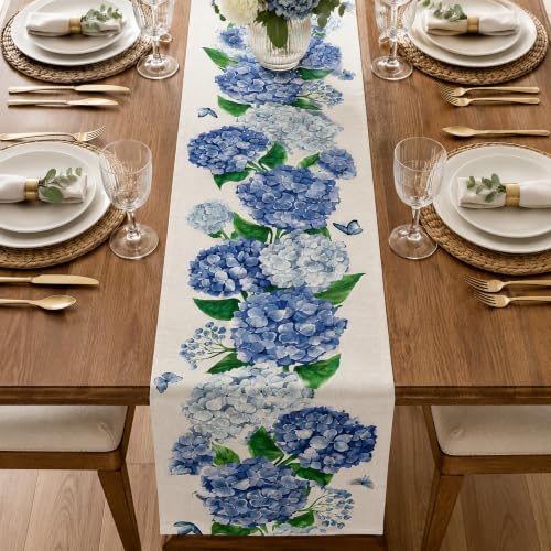 Seliem Spring Hydrangea Floral Flowers Table Runner, Blue Butterfly Kitchen