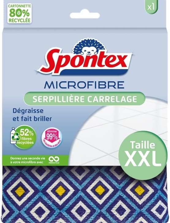SPONTEX - Serpillère Spécial Carrelage XXL - 100% microfibre - Dégraisse juste avec de l'eau - Elimine 99% des bactéries - Motifs originaux - Taille XXL