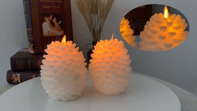 Image of Wondise Pine Cone Flameless Flickering Candles with Remote and Timer, Set of 2 Battery Operated LED Candles Real Wax Christmas Home Decoration Candle(3.5 x 4.7 Inches, White)