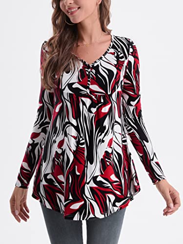 Baishenggt Women's Long Sleeve Tops Retro Bavarian Collar Pleated Button Henley Shirt Flared Tunic Shirts L Red Pattern #TOP1