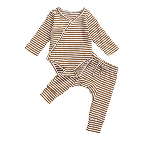 Image of Seyurigaoka Newborn Unisex Baby Pajamas, Organic Cotton Kimono Onesies+Striped Pants, Infant Baby Top Pants Set