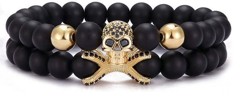 Skull Bracelet for Men, Halloween Bracelets, Cross Bone Skeleton Bracelet for Women Fashion, Gothic String Bracelet, Goth Bracelets Punk Black Beaded Bracelet Natural Stone Beads Bracelet Healing Crystal Stretch Friendship Elegant Jewelry Gifts