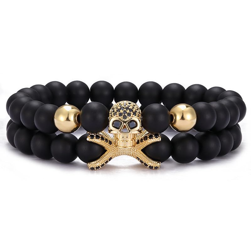 Skull Bracelet for Men, Halloween Bracelets, Cross Bone Skeleton Bracelet for Women Fashion, Gothic String Bracelet, Goth Bracelets Punk Black Beaded Bracelet Natural Stone Beads Bracelet Healing Crystal Stretch Friendship Elegant Jewelry Gifts