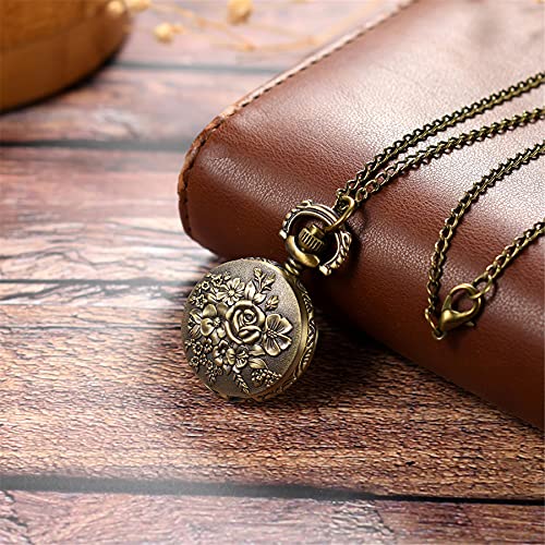 Lancardo Relógio de bolso vintage bronze rosa flor para homens mulheres algarismos arábicos quartzo