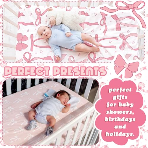 Image of Peryiter 4 Pack Crib Sheets for Baby Pink Bow Soft Baby Bed Sheet Set 52'' x 28 inch Nursery Crib Sheets for Standard Bed Toddler Mattress Nursery Decor Boys Girls Kids