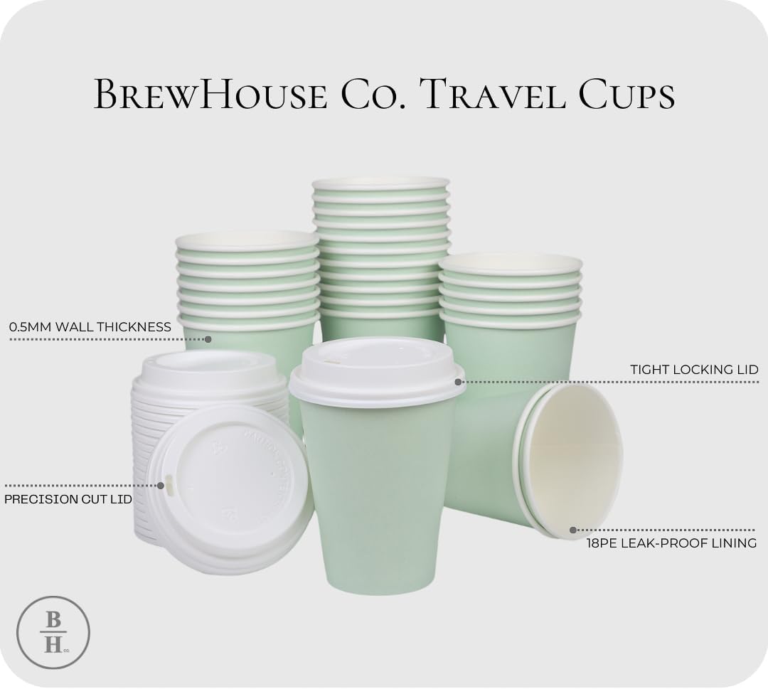 BrewHouse Disposable Coffee Cups with Lids 12 oz | Luxury To Go Paper Coffee Cups with Lids | 25 Count Green - Image 4
