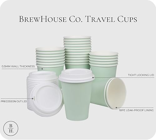 Miniatura 4 de BrewHouse - Tazas de café desechables con tapas, 12 onzas, tazas de café de papel de lujo con tapas, 25 unidades, color verde